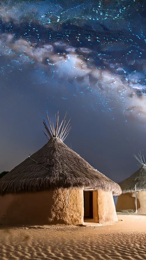 Traditional mud bhunga huts at Rann of Kutch Gujarat under starry night sky showcasing cultural desert stays in Gujarat tour packages