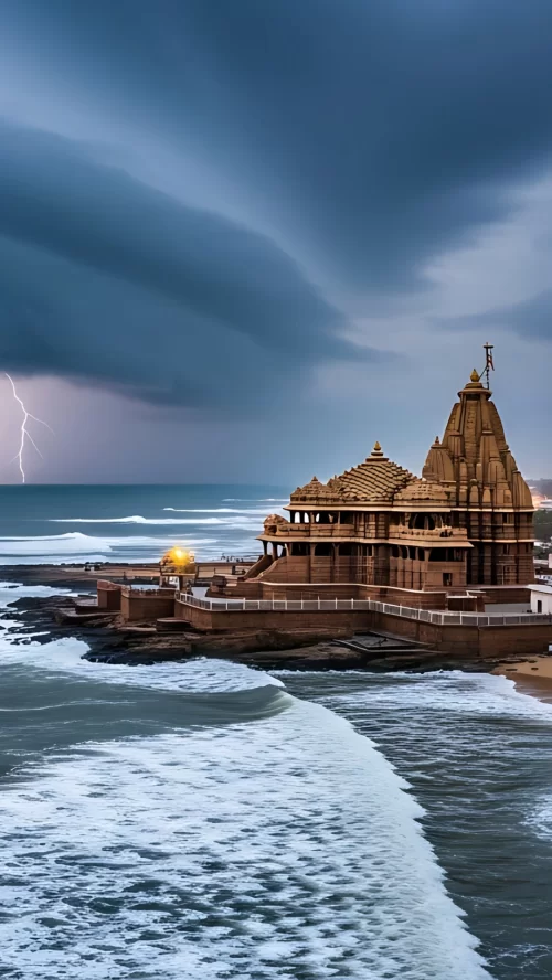 Dwarkadhish Temple in Dwarka Gujarat overlooking the Arabian Sea with dramatic storm clouds and lightning creating a powerful coastal scene featured in Gujarat tour packages