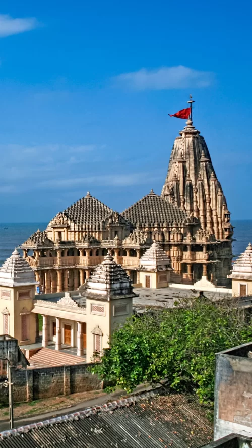 Majestic Somnath Temple in Gujarat near the Arabian Sea showcasing grand stone architecture and sacred Jyotirlinga heritage included in Gujarat tour packages
