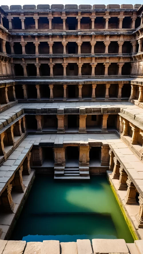 Grand multi storey structure of Rani ki Vav in Patan Gujarat with symmetrical carved pillars and stepwell architecture reflecting royal heritage featured in Gujarat tour packages