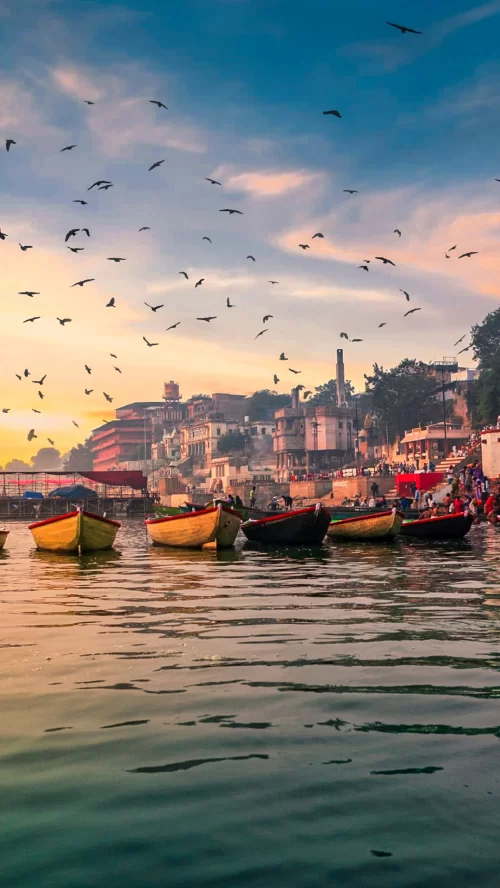 Varanasi Ghats – sunrise boat scene with birds over Ganges featured in Uttar Pradesh tour packages