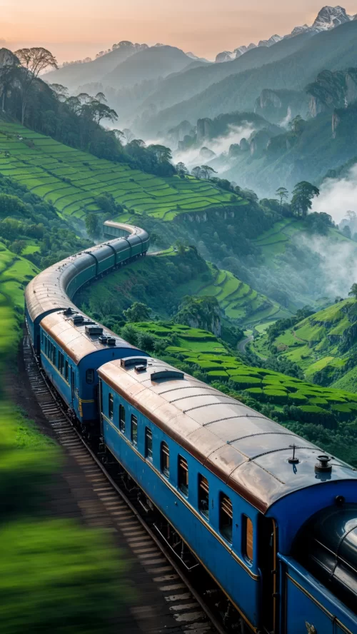 Scenic Nilgiri Mountain Railway train winding through lush green tea plantations and misty hills in Ooty, Tamil Nadu, a picturesque experience featured in Tamil Nadu tour packages.