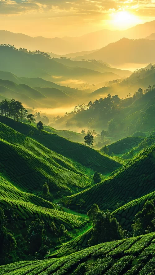 Lush green tea plantations rolling across misty hills at sunrise in Munnar, Kerala, a breathtaking hill station destination featured in Kerala tour packages.