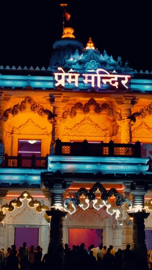 Prem Mandir, Vrindavan – illuminated night view of marble temple featured in Uttar Pradesh tour packages