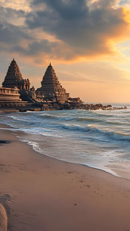 Shore Temple at Mahabalipuram, Tamil Nadu, standing by the Bay of Bengal during a golden sunset, a UNESCO World Heritage Site featured in Tamil Nadu tour packages.