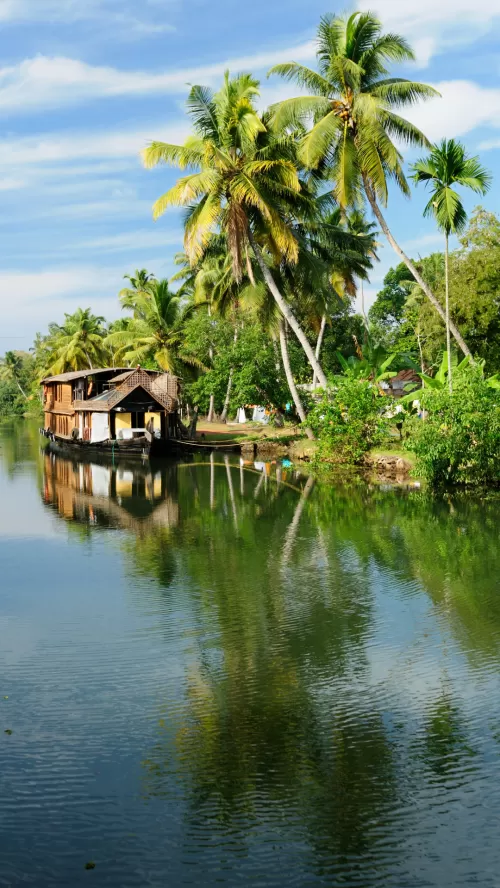 Traditional wooden houseboat cruising through the serene backwaters of Kumarakom, Kerala, surrounded by lush coconut palms and calm reflective waters.