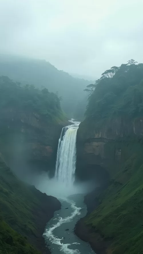 Majestic waterfall plunging into a misty gorge surrounded by lush green hills in Coorg, a breathtaking natural wonder featured in Karnataka tour packages.