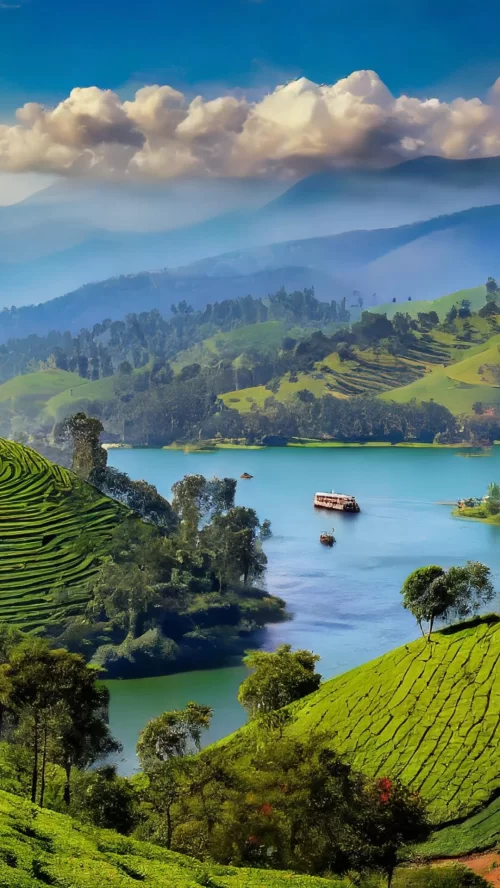 Scenic view of Ooty Lake surrounded by rolling tea gardens and misty hills, a serene hill station escape featured in Tamil Nadu tour packages.