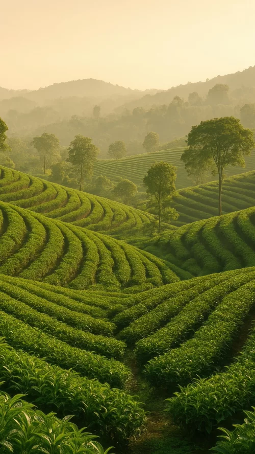 Beautiful terraced tea gardens stretching across misty hills in Darjeeling at sunrise, a signature landscape featured in West Bengal tour packages.