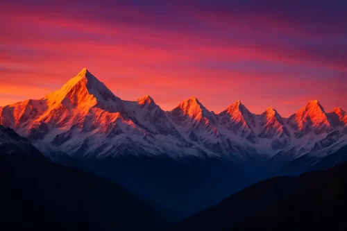 Snowy Nanda Devi peaks at Uttarakhand during sunrise, featuring orange glow, perfect adventure Uttarakhand tour package.