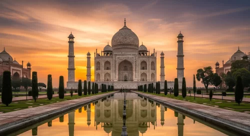 Taj Mahal at Agra during sunset, featuring water reflections, perfect romantic experience Uttar Pradesh tour package.