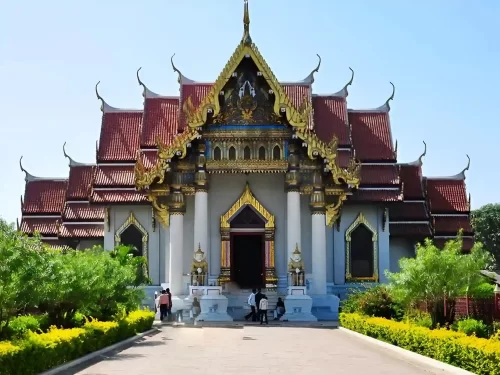 Wat Thai Buddhagaya Temple Bodh Gaya elegant Thai-style Buddhist monastery, known for golden roof architecture, serene gardens, and peaceful meditation atmosphere in Bihar.