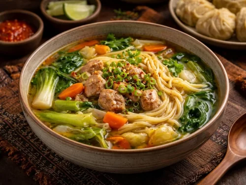 Traditional Ladakhi Thukpa noodle soup with meat, vegetables, and momos.