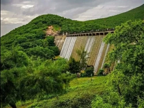 Willingdon Dam Junagadh, scenic dam near Girnar Hills in Gujarat, popular picnic spot and nature tourist attraction in India.