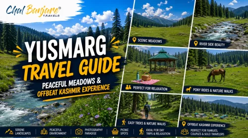 Yusmarg Travel Guide graphic featuring a scenic river flowing through a lush green valley, surrounded by smaller photos of meadows, riverside views, a picnic gazebo, a horse, and hiking trails for Kashmir travel blogs.