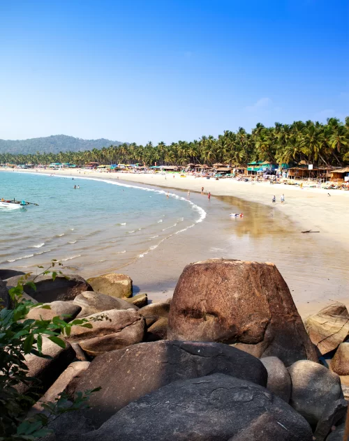 Scenic sandy shoreline with palm trees, beach shacks, and gentle waves along a lively Goa coast, a tropical getaway featured in Goa tour packages.
