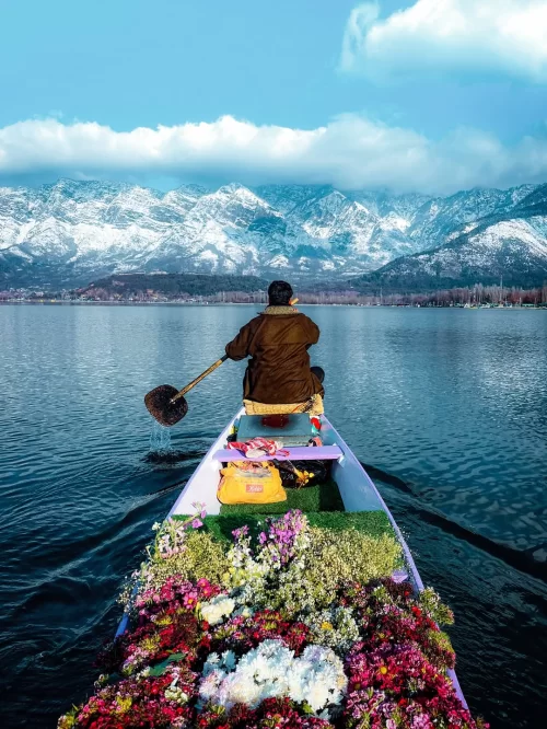 Shikara ride on Dal Lake in Srinagar Kashmir with snow-capped Himalayan views, a signature experience in Kashmir tour packages