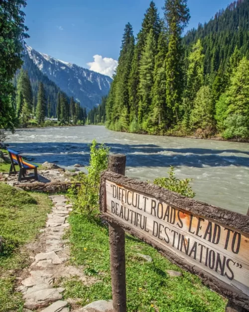 Lidder River in Srinagar Kashmir flowing through pine forests with mountain backdrop, a scenic nature escape in Kashmir tour packages