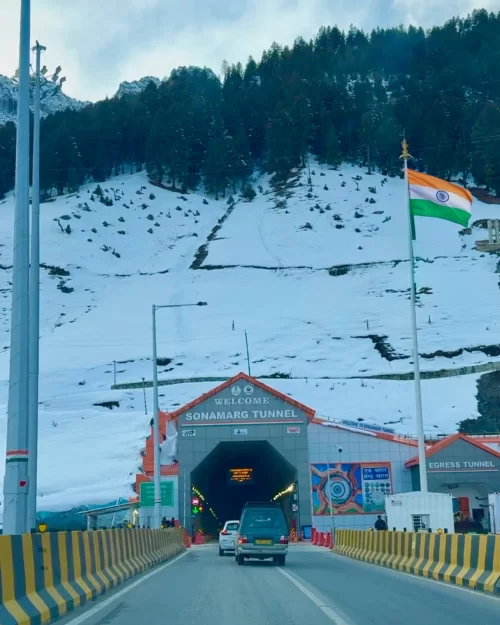 Sonamarg Tunnel near Srinagar Kashmir surrounded by snow-covered mountains, a key gateway featured in Kashmir tour packages
