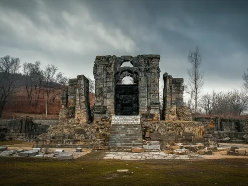 Martand Sun Temple ancient stone ruins arched entrance pillars cloudy sky barren trees Kashmir Jammu, historical heritage tour packages.