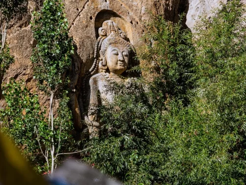 Close-up of majestic 9-meter 8th-century rock-carved Maitreya Buddha statue with ornate crown serene face carved into Mulbekh cliff overgrown with lush green poplars bushes against rugged brown Ladakh rock, perfect India Leh Kargil Buddhist heritage tour 