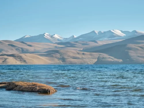 Ladakh Pangong Tso Lake deep blue brackish water snow capped jagged Himalayan mountains arid brown rocky barren slopes sandy shore clear pale blue sky high altitude adventure tour package Ladakh Himalayas.