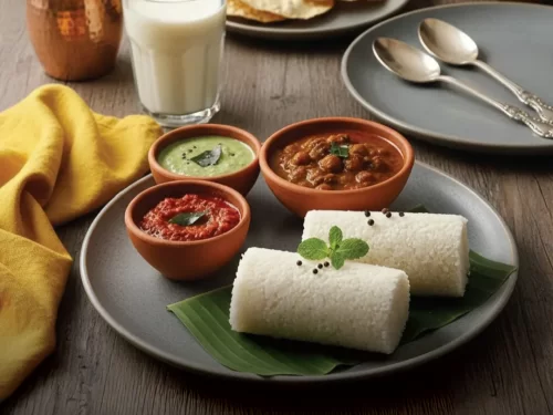 Puttu with Kadala Curry featuring steamed rice cylinders served with black chickpea curry and chutneys, authentic Indian Kerala cuisine with hearty traditional flavors.