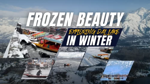 Dal Lake winter landscape with frozen waters, shikara boats and snow covered mountains in Srinagar Kashmir winter tour packages.
