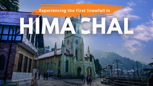 First snowfall in Himachal Pradesh scenic church and snow covered hill station streets in Himachal Pradesh winter tour packages.