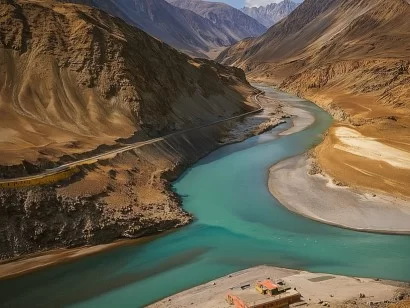 Sangam confluence at Leh Ladakh during clear day, featuring turquoise river valley mountains road hut, perfect adventure Ladakh tour package.