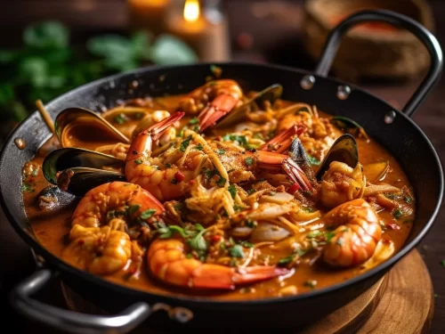 Seafood curry is a rich, aromatic dish where prawns, fish, or shellfish are simmered in a spiced gravy of coconut, tomatoes, or regional masalas for a bold coastal flavor.