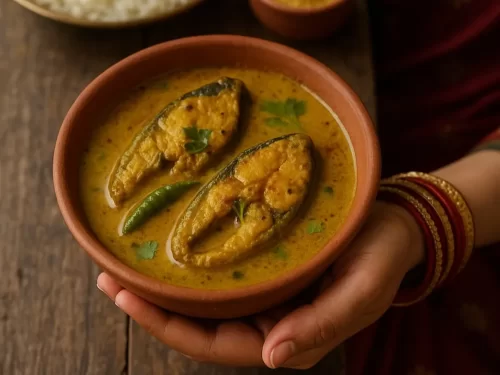 A bowl of shorshe ilish showing tender hilsa fish pieces simmered in a mustard-based yellow gravy, garnished with green chilies and coriander, held in a traditional clay pot.