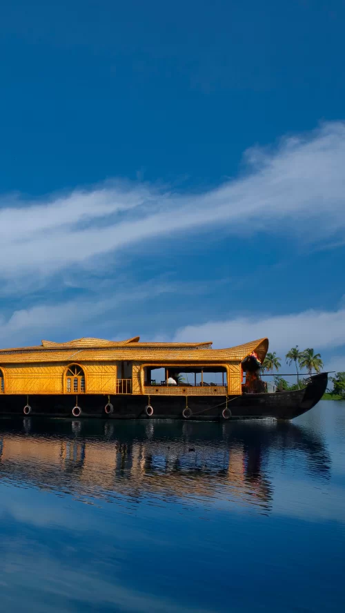 Traditional houseboat cruising through the tranquil backwaters of Alleppey, Kerala, with palm trees and clear blue skies reflecting on the water, a signature experience featured in Kerala tour packages.