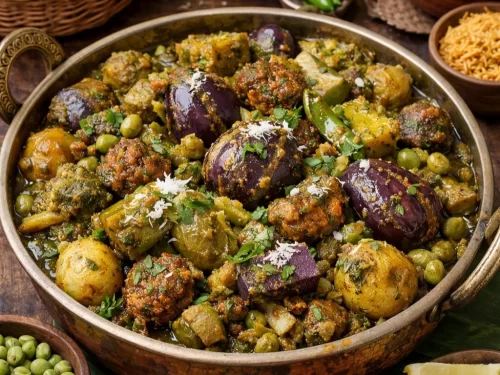 Undhiyu, a classic Gujarati mixed-vegetable delicacy made with winter vegetables, stuffed eggplants, muthiyas, and spices, slow-cooked to a rich, aromatic finish.